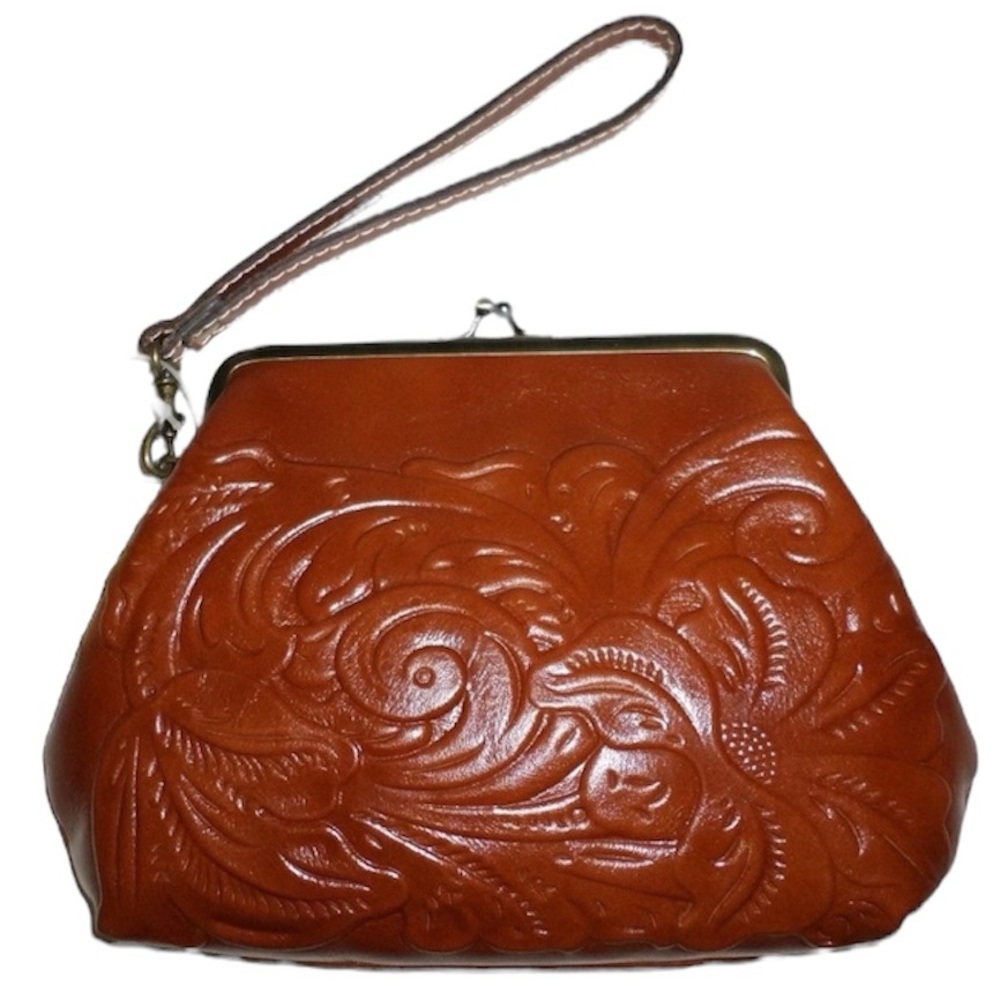 Patricia Nash SAVENA TOOLED Leather Framed Kiss-Lock Wristlet Clutch FLORENCE